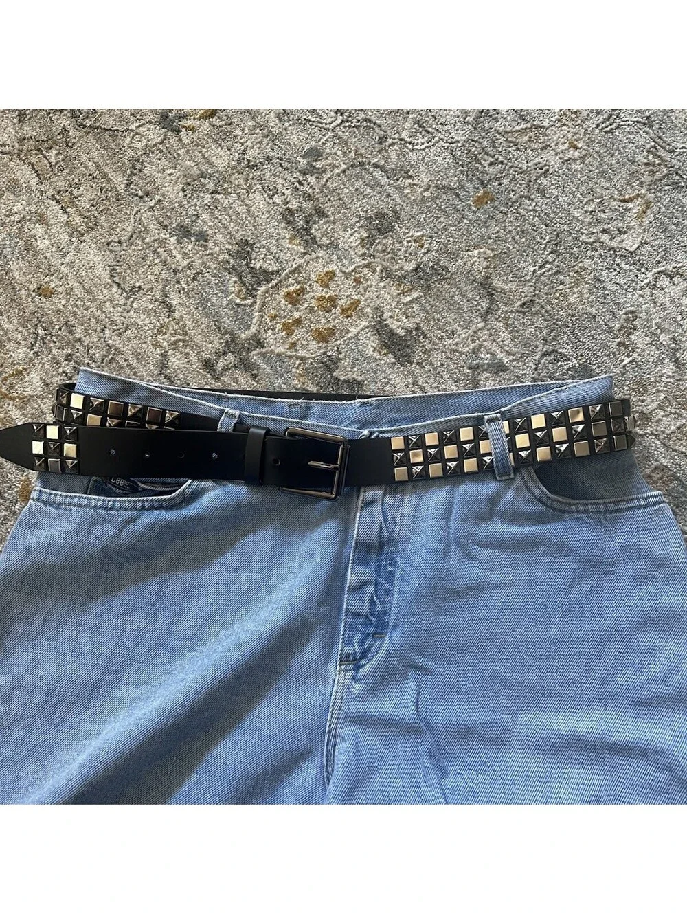 Punk Rock Black Leather Studded Belt | Gunmetal Square Pyramid Studs L/XL
